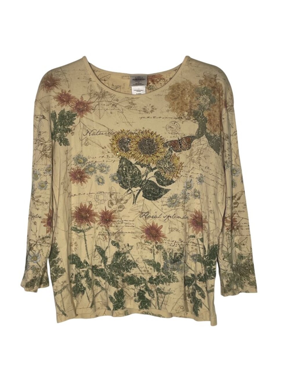 Studio Collection Floral Garden Sunflower Butterfly Gem Top Sz XL Fall Autumn